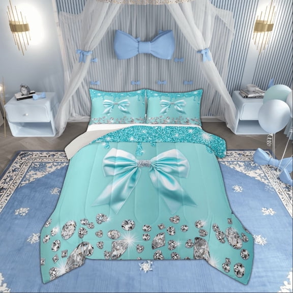 Manfei Cyan Bowknot Bedding Comforter Set, Cartoon Bow-tie Twin Comforter Sets, Chic Sequin Print Bedding Set, Super Cozy Bedroom Decoration, 2 Piece