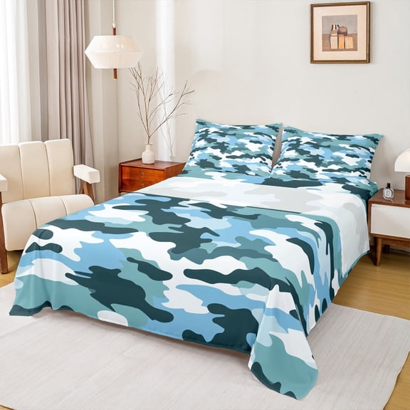 Manfei Cyan Camouflage Full Size Sheets,Rustic Farmhouse Cabin Bed Sheets,Blue Military Camo Sheet Sets For Boys Kids,Super Cozy Room Decor,4 Pieces