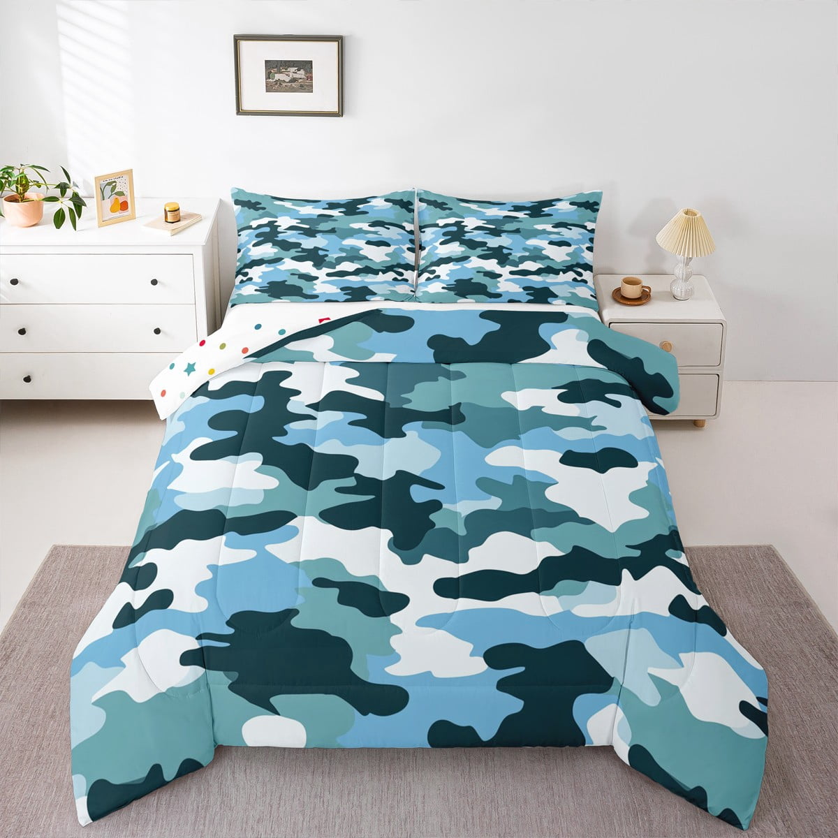 Manfei Cyan Camouflage Queen Comforter Set,Rustic Farmhouse Cabin ...
