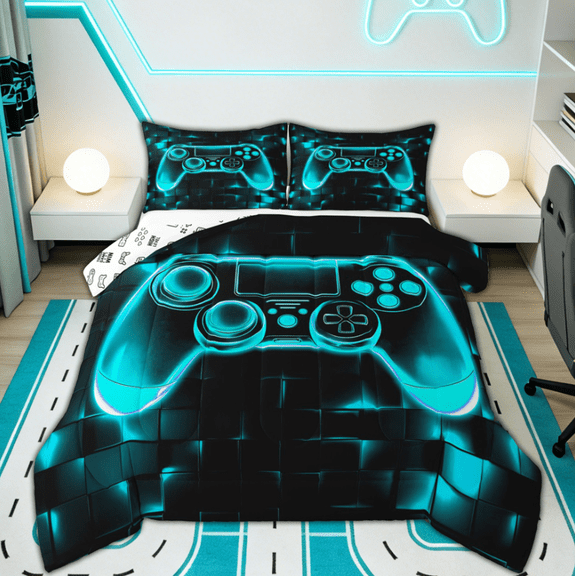 Manfei Cyan Gamapad Bedding Sets Twin with Comforter for Boys Kids, Honeycomb Comforter Sets Twin Size, Gamepad Reversible, 2pcs