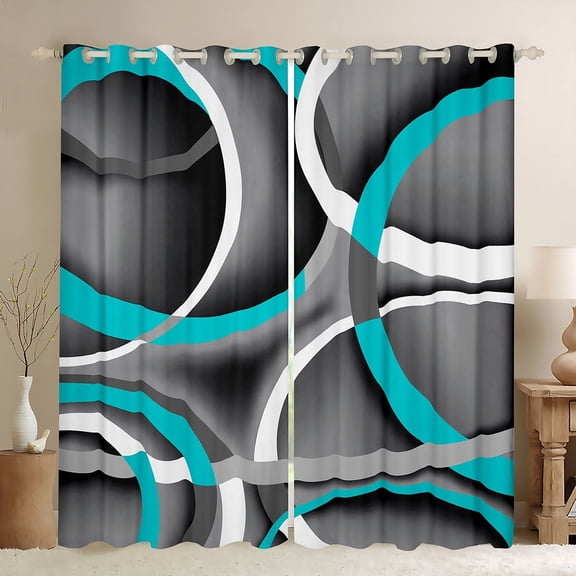 Manfei Cyan Gray White Black Out Curtains,Modern Geometric Art Curtains Pack of 2 (42x63 Each),Wave Stripes Print Bedroom Curtains For Adults,Microfiber Bedroom Decor