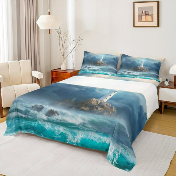 Manfei Cyan Ocean Marine Bed Sheets for Teen, Coastal Lighthouse King Sheets, Nautical Sheet Set, Super Cozy Room Decor, 4-Piece