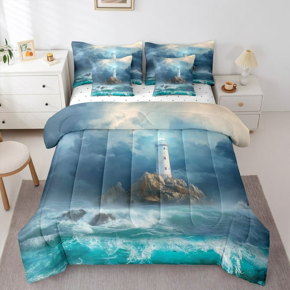Manfei Cyan Ocean Marine Bedding Comforter Set 7-Piece for Teen, Coastal Lighthouse King Bedding Sets, Nautical Bed Sheets, Super Cozy Room Decor