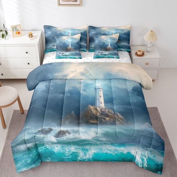 Manfei Cyan Ocean Marine Bedding Comforter Set 7pcs for Teen, Coastal Lighthouse Queen Bedding Sets, Nautical Queen Sheet Sets, Super Cozy Room Decor