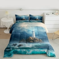 Manfei Cyan Ocean Marine Bedding Comforter Set for Teen, Coastal Lighthouse Twin Comforter Sets, Nautical Bedding Set, Super Cozy Room Decor, 2-Piece