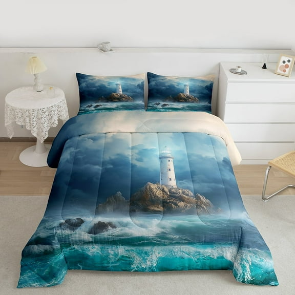 Manfei Cyan Ocean Marine Queen Comforter Set for Teen, Coastal Lighthouse Bedding Sets, Nautical Bedding Comforter Set, Super Cozy Room Decor, 3-Piece