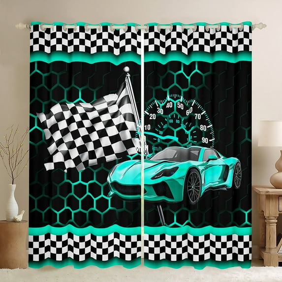 Manfei Cyan Racing Car Blackout Curtains Set of 2 (52x84 Each) for Boys, Modern Checkered Flag Window Curtains, Fashion Honeycomb Curtains and Drapes, Curtains and Drapes Decor