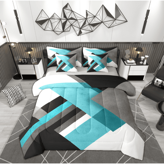 Manfei Cyan Square Geometric Twin Bedding Sets 7-Piece, Modern Abstract Ombre Bedding Comforter Set, Teen Kid Adult Reversible Sheet Sets, Lightweight Room Decor