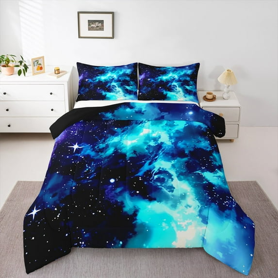 Manfei Cyan Starry Sky Bedding Sets Full with Comforter, Mystic Galaxy Comforter Sets Full Size, Bling Stars Print Reversible Down Comforter, Microfiber Room Decorative, 3-Piece