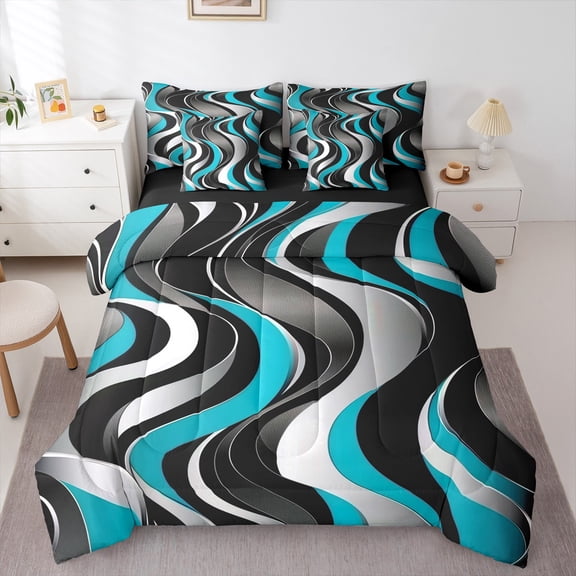 Manfei Cyan Stripes Bedding Comforter Set 7-Piece for Adult, Abstract Ombre King Bedding Sets, Chic Geometric Reversible Bed Sheets, Super Cozy Room Decor