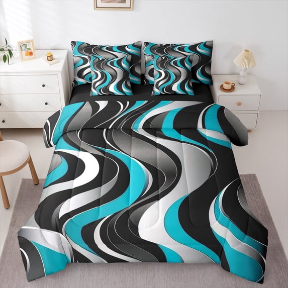 Manfei Cyan Stripes Bedding Comforter Set 7pcs for Adult, Abstract Ombre Queen Bedding Sets, Chic Geometric Reversible Queen Sheet Sets, Super Cozy Room Decor