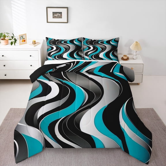 Manfei Cyan Stripes Bedding Comforter Set for Adult, Abstract Ombre Twin Comforter Sets, Chic Geometric Reversible Bedding Set, Super Cozy Room Decor, 2-Piece