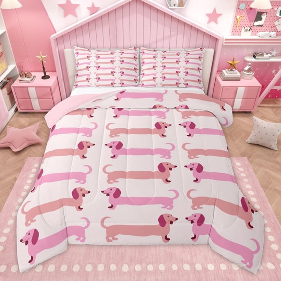 Manfei Dachshund Dog 3 Pieces Queen Comforter Set for Preppy Children Kids,Cartoon Animal Ultra Soft Bedding Sets,Kawaii Pet Bedding Comforter Set,Super Cozy Room Decor,Reversible