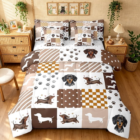Manfei Dachshund Paw Twin Bedding, Dot Patchwork Checkered Bedding Comforter Set, Brown White, Reversible, 7-Piece