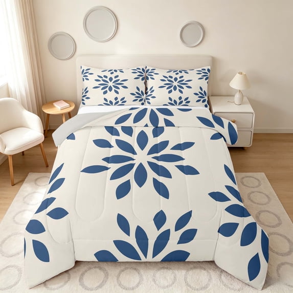 Manfei Dahlia Floral Queen Comforter Set, Blue Flower Comforter Sets Queen, Gray Reversible 3pcs, 1 Comforter and 2 Pillowcases