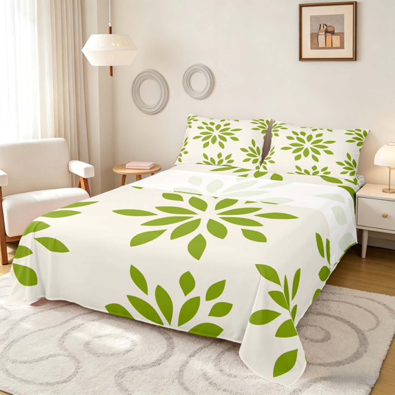 Manfei Dahlia Floral Queen Sheets, Green Flower Queen Sheet Sets, Gray Reversible 4pcs1 Flat Sheet + 1 Fitted Sheet + 2 Pillowcases