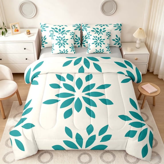 Manfei Dahlia Floral Twin Bedding, Teal Flower Bedding Comforter Set, Gray Reversible 7-Piece