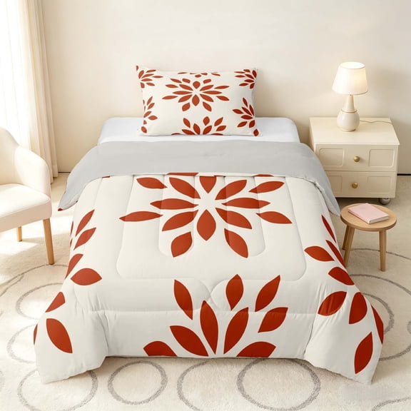 Manfei Dahlia Floral Twin Comforter Sets, Red Flower Bedding Set, Gray Reversible 2-Piece, 1 Comforter and 1 Pillowcase