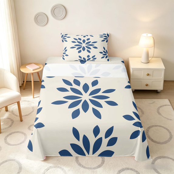 Manfei Dahlia Floral Twin Sheets, Blue Flower Bedding, Gray Reversible 3pcs1 Flat Sheet + 1 Fitted Sheet + 1 Pillowcase