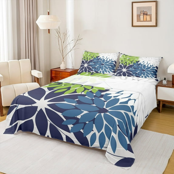Manfei Dahlia Leaf Bed Sheets Set King Size,Rustic Farmhouse Cabin Bedding Sets King Size,Green Blue White Bed Sheets King,Super Cozy Room Decoration,4-Piece