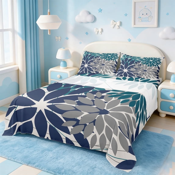 Manfei Dahlia Leaf Bed Sheets Twin,Rustic Farmhouse Cabin Bedding Twin Size,Green Blue Gray Sheet Set Twin,Super Cozy Room Decoration,3 Pieces