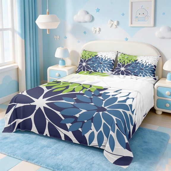 Manfei Dahlia Leaf Bed Sheets Twin,Rustic Farmhouse Cabin Bedding Twin Size,Green Blue White Sheet Set Twin,Super Cozy Room Decoration,3-Piece