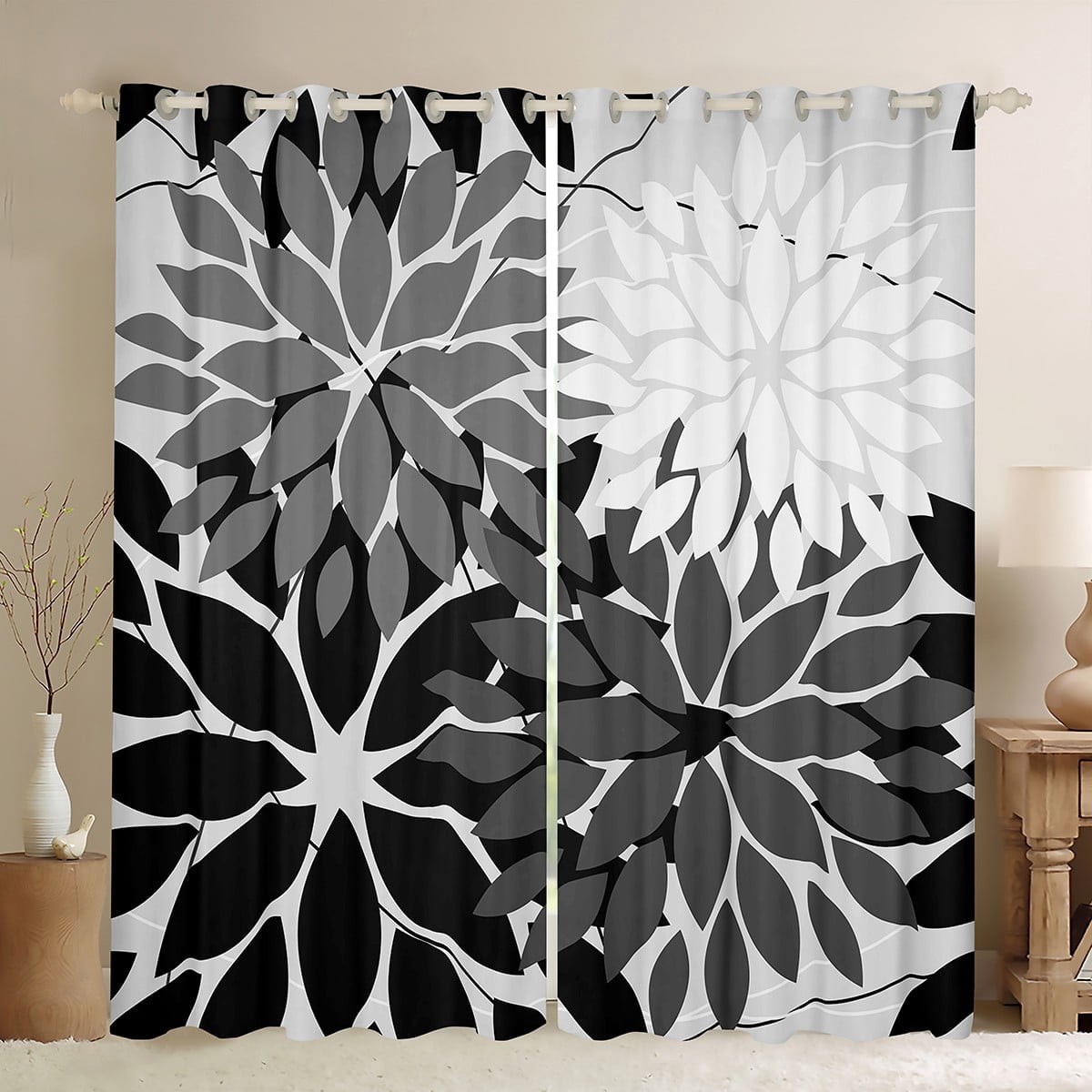 Manfei Dahlia Leaf Curtains for Living Room,Rustic Farmhouse Cabin Blackout Curtains Set of 2 (38x45),Black Gray White Curtains and Drapes (38x45),Super Cozy Room Decoration