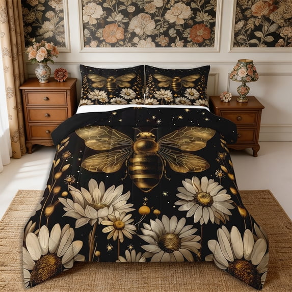 Manfei Daisy Bee Queen Comforter Set 3 Pieces,Starry Sky Comforter Sets Queen,1 Comforter and 2 Pillowcases,Reversible