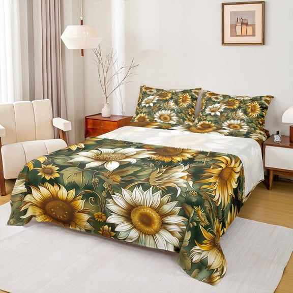 Manfei Daisy Sunflower Queen Sheet Sets 4 Pieces for Girls, Floral Flower Flat Sheet, Green Leaves Queen Fitted Sheet, Ultra Soft Home Decor