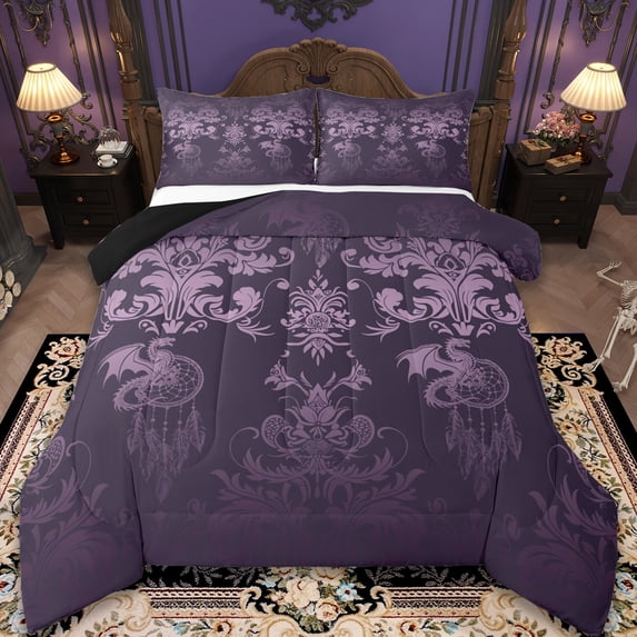 Manfei Damask Bedding Comforter Set,Gothic Flower Twin Comforter Sets,Cartoon Dragon Dreamcatcher Bedding Set,Breathable Bedroom Decorative Reversible,2-Piece