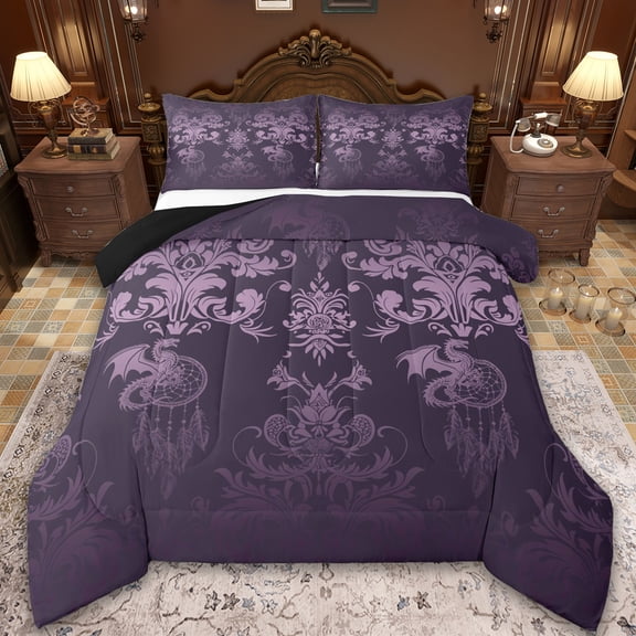 Manfei Damask Bedding Comforter Set,Gothic Flower Twin Comforter Sets,Cartoon Dragon Dreamcatcher Bedding Set,Breathable Bedroom Decorative Reversible,2-Piece