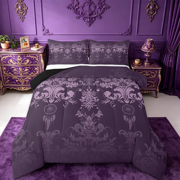 Manfei Damask Bedding Comforter Set,Gothic Flower Twin Comforter Sets,Purple Cartoon Dreamcatcher Bedding Set,Breathable Bedroom Decorative Reversible,2 Pieces