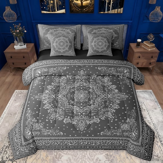 Manfei Damask Floral 7 Pieces Bedding Comforter Set,Vintage Baroque Geometric Full Bedding Set,Gray Boho Flowers Fitted Sheet Flat Sheet For Girl Boy,Breathable Home Decor Reversible