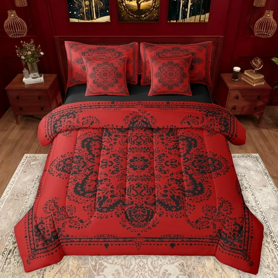Manfei Damask Floral 7 Pieces Bedding Comforter Set,Vintage Baroque Geometric Full Bedding Set,Red Black Fitted Sheet Flat Sheet For Girl Boy,Breathable Home Decor Reversible