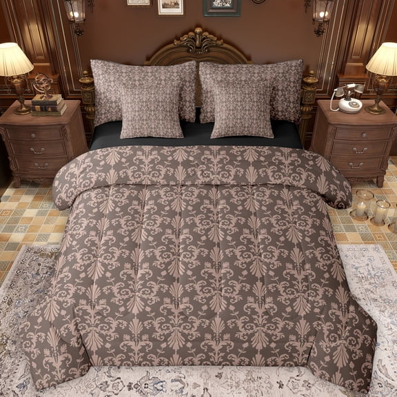 Manfei Damask Floral 7pcs Bedding Comforter Set,Retro Baroque Flower Queen Bedding Sets,Brown Black Queen Sheet Sets For Boys Kids,Microfiber Bedroom Decor Reversible