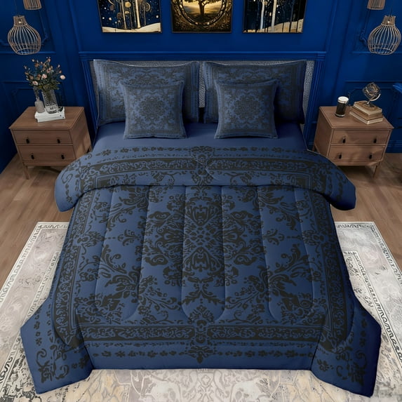 Manfei Damask Floral 7pcs Bedding Comforter Set,Vintage Baroque Geometric Queen Bedding Sets,Black Deepblue Queen Sheet Sets For Girl Boy,Breathable Home Decor Reversible