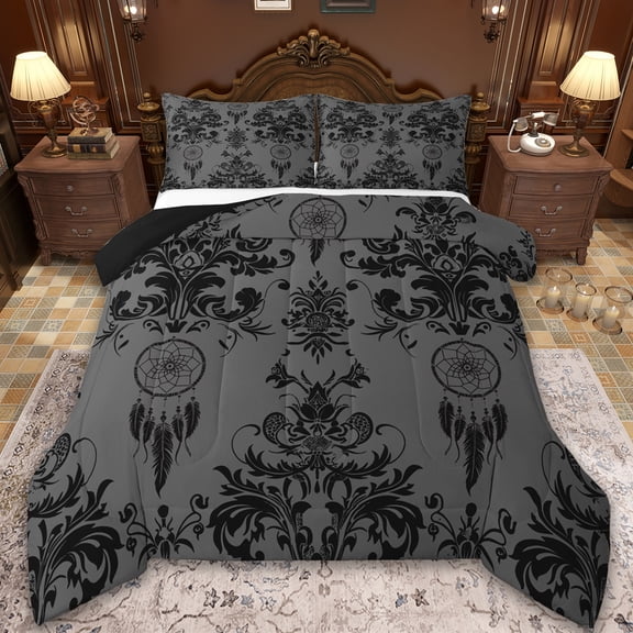 Manfei Damask Floral Bedding Comforter Set,Gothic Flower Twin Comforter Sets,Black Cartoon Dreamcatcher Bedding Set,Breathable Bedroom Decorative Reversible,2 Pieces