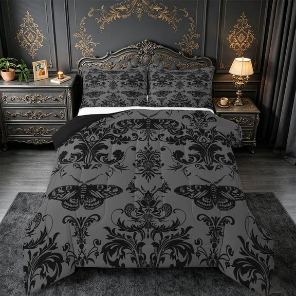 Manfei Damask Floral Bedding Comforter Set,Gothic Flower Twin Comforter Sets,Wild Insect Moth Bedding Set,Breathable Bedroom Decorative Reversible,2pcs