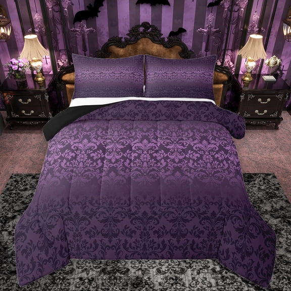 Manfei Damask Floral Bedding Comforter Set,Retro Baroque Flower Twin Comforter Sets,Purple Black Ombre Bedding Set For Boys Kids,Microfiber Bedroom Decor Reversible,2pcs