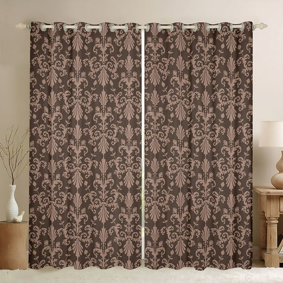 Manfei Damask Floral Black Out Curtains,Retro Baroque Flower Curtains Pack of 2 (42x63 Each),Brown Black Bedroom Curtains For Boys Kids,Microfiber Bedroom Decor