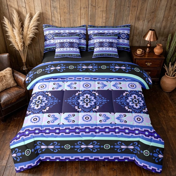 Manfei Damask Floral Full Size Bedding Sets, Baroque Flower Full Size Bed in a Bag, Blue, Black Reversible 7-Piece