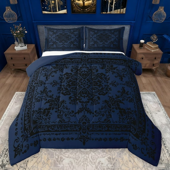 Manfei Damask Floral Full Size Comforter Sets,Vintage Baroque Geometric Bedding Comforter Set,Black Deepblue Bedding Sets For Girl Boy,Breathable Home Decor Reversible,3-Piece