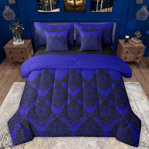 Manfei Damask Floral Pattern 7-Piece Bedding Comforter Set,Wild Animal Moth King Bedding Sets,Black Blue Bed Sheets For Adults,Breathable Home Decor Reversible