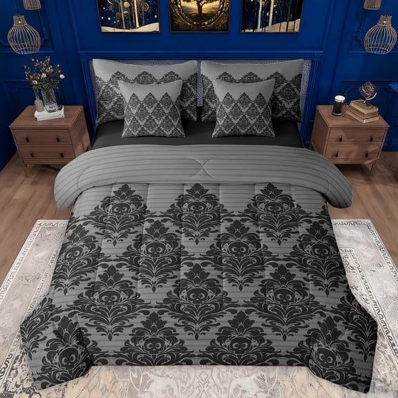 Manfei Damask Floral 7-Piece Queen Bedding Set - Halloween Skull/Black Gray