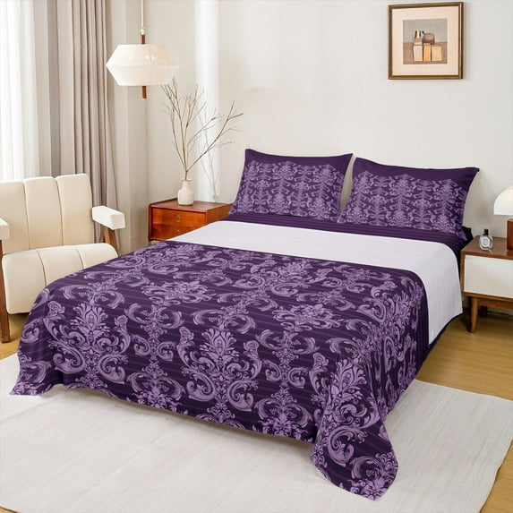 Manfei Damask Floral Pattern Bed Sheets,Vintage Baroque King Sheets,Purple Victorian Flower Sheet Set For Adults,Breathable Home Decor,4-Piece