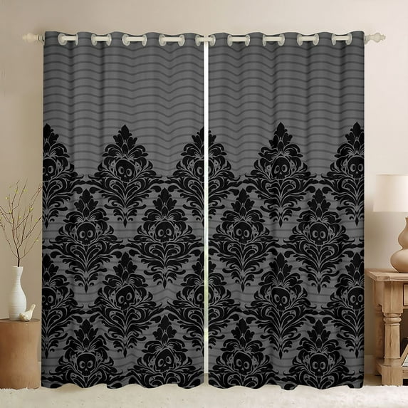 Manfei Damask Floral Pattern Black Out Curtains,Halloween Skull Skeleton Curtains Pack of 2 (42x63 Each),Black Gray Bedroom Curtains For Adults,Breathable Home Decor