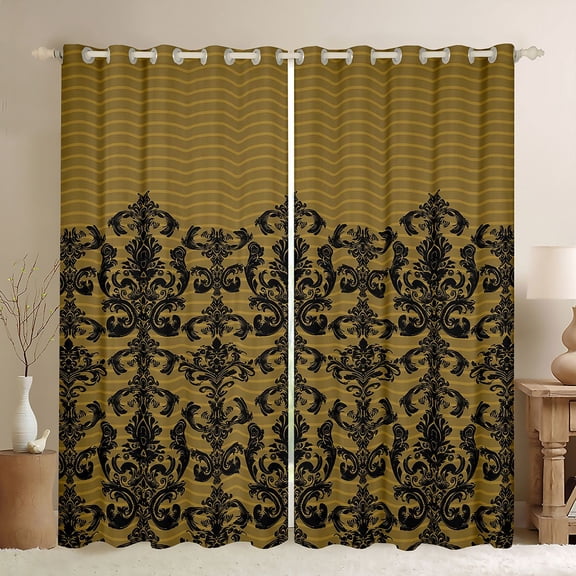 Manfei Damask Floral Pattern Black Out Curtains,Vintage Baroque Curtains Pack of 2 (42x63 Each),Gold Black Victorian Flower Bedroom Curtains For Adults,Breathable Home Decor