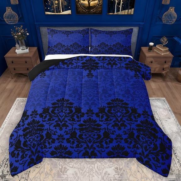 Manfei Damask Floral Pattern Queen Comforter Set,Vintage Baroque Bedding Sets,Black Victorian Flower Bedding Comforter Set For Adults,Breathable Home Decor Reversible,3-Piece
