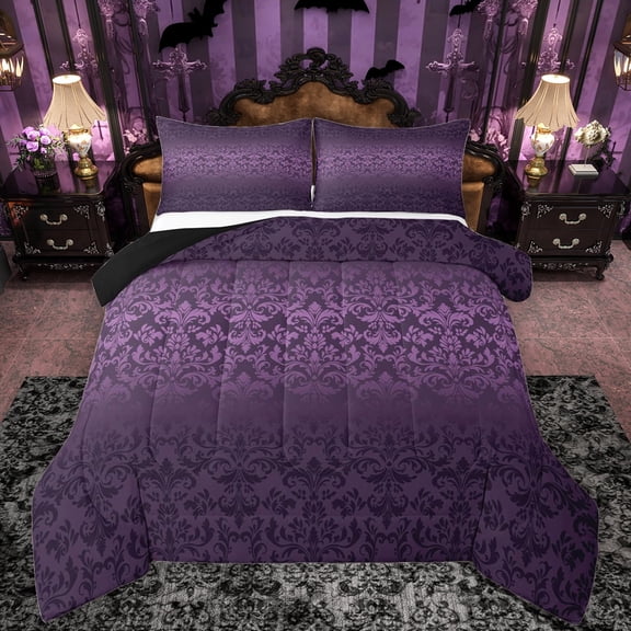 Manfei Damask Floral Queen Comforter Set,Retro Baroque Flower Bedding Sets,Purple Black Ombre Bedding Comforter Set For Boys Kids,Microfiber Bedroom Decor Reversible,3 Pieces