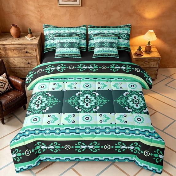 Manfei Damask Floral Twin Bedding, Baroque Flower Bedding Comforter Set, Teal and Blue, Black Reversible 7 Pieces
